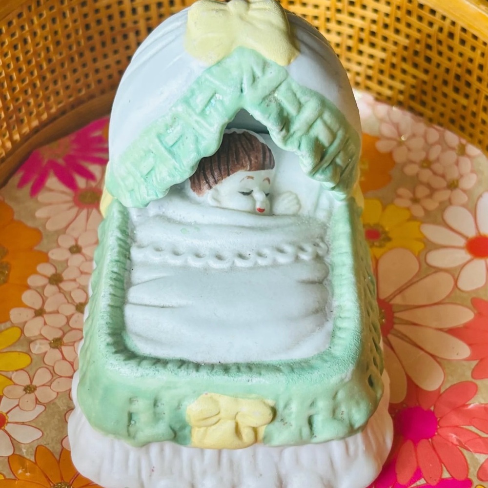 Vintage 1960s Porcelain Baby Kitsch Figurine In Cradle